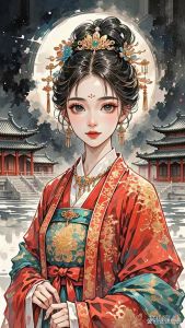 古风汉服女子手绘图片_古风汉服九尾狐小妹画，简单好看，适合做背景图